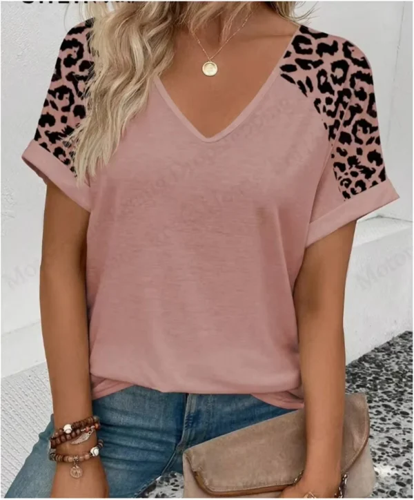 Summer Women's V-Neck Day Heart Print Elegant V-Neck Splice Short Sleeve T-Shirt Women Fashion Casual Tops Oversized Tee Female - Image 11
