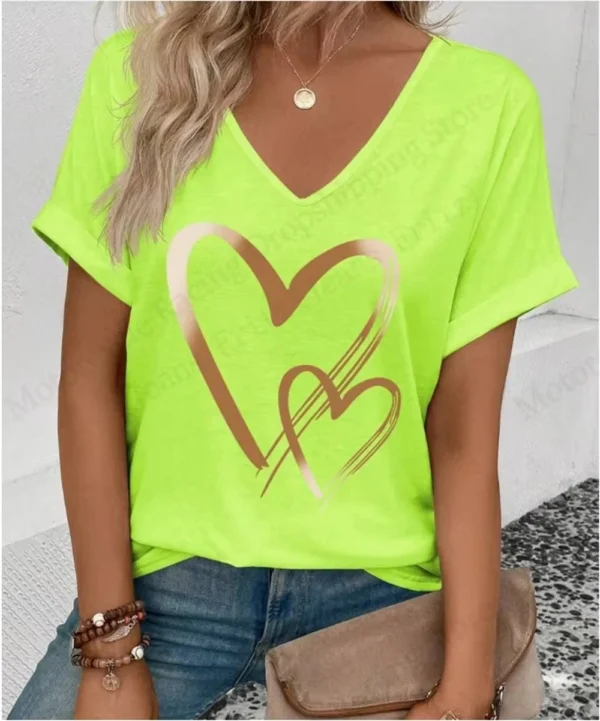 Summer Women's V-Neck Day Heart Print Elegant V-Neck Splice Short Sleeve T-Shirt Women Fashion Casual Tops Oversized Tee Female - Image 28