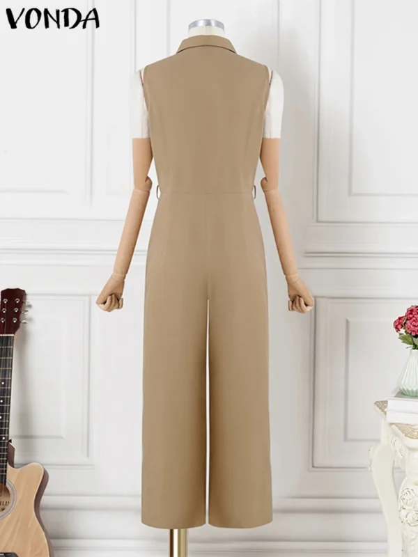 Plus Size 5XL VONDA Elegant Women Jumpsuits Sleeveless Playsuits Solid Color Rompers 2024 Casual Lapel Collar Wide Leg Bottoms - Image 5