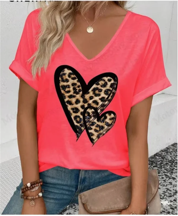 Summer Women's V-Neck Day Heart Print Elegant V-Neck Splice Short Sleeve T-Shirt Women Fashion Casual Tops Oversized Tee Female - Image 15