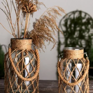 Hand Woven Hemp Rope Glass Vase Dry Flower Decor Art Glass Vase Nordic Living Room Table Decoration Bedroom Boho Home Decoration