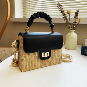 Straw Beach Bag for Women 2021 Summer Pleated Handle Luxury Designer Bag Contrast Color Crossbody Purse and Handbag Lady Bolsos
