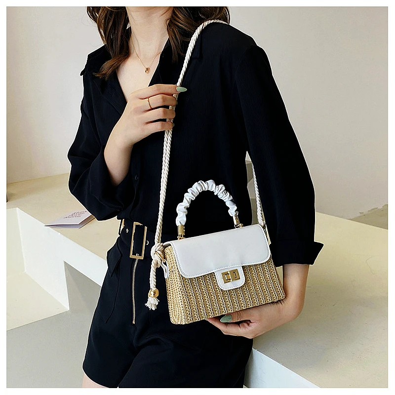 Straw Beach Bag for Women 2021 Summer Pleated Handle Luxury Designer Bag Contrast Color Crossbody Purse and Handbag Lady Bolsos - Image 5