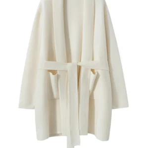 Women 100% Pure Cashmere Sweater Medium Length Cardigan Thick Loose Pockets Lace-up Knitted Autumn Winter Soft High-end Clothing