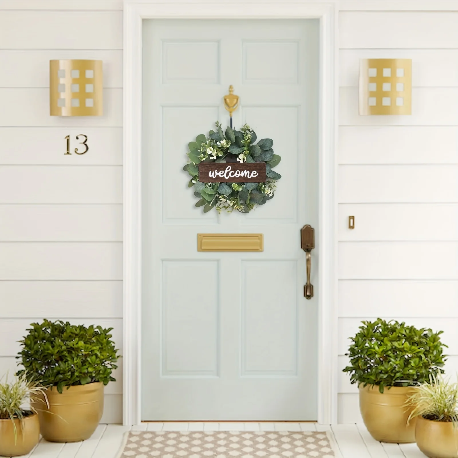 Green Eucalyptus Wreath with Welcome Sign Artificial Eucalyptus Wreath Spring Summer Wreath with White Berries for Front Door - Image 5