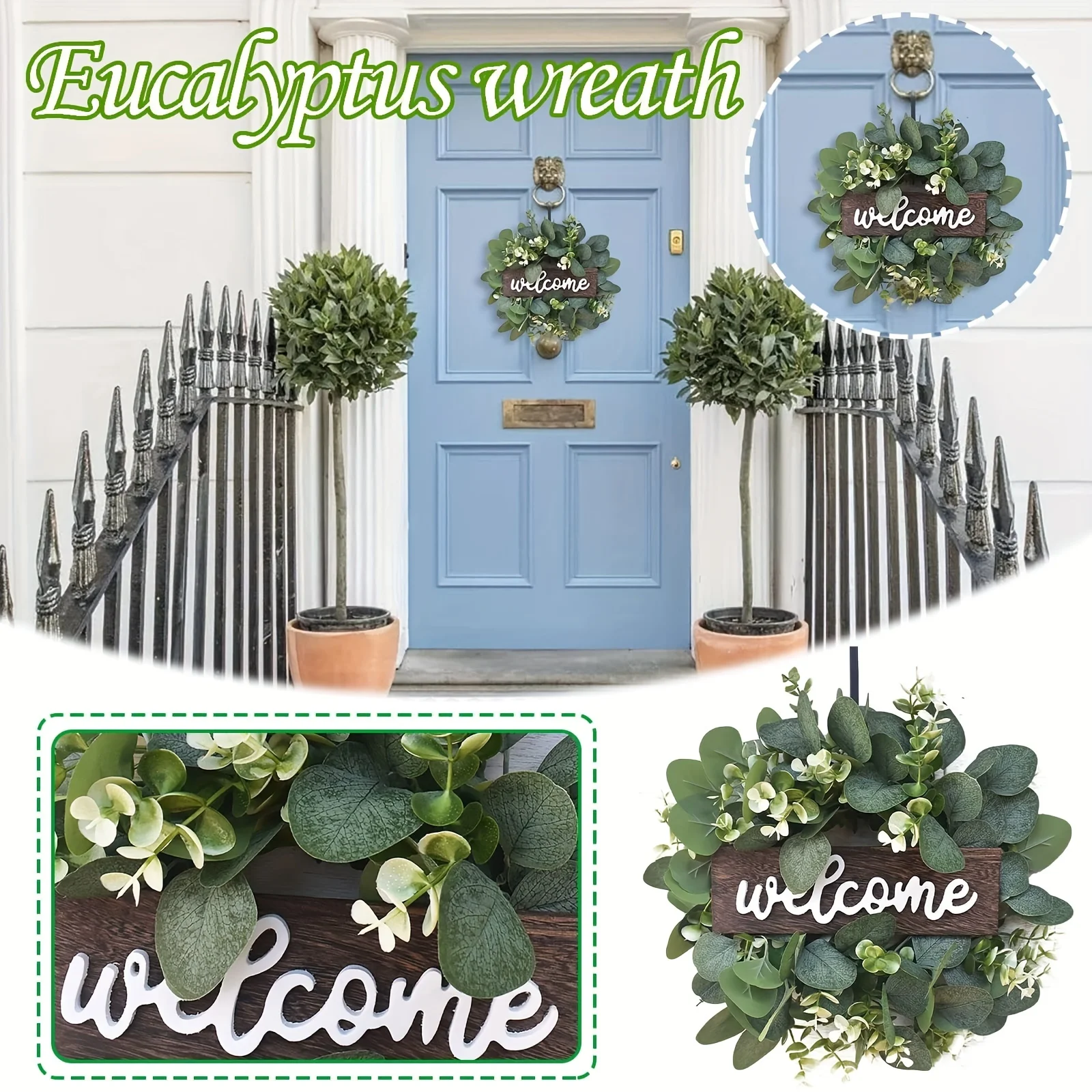 Green Eucalyptus Wreath with Welcome Sign Artificial Eucalyptus Wreath Spring Summer Wreath with White Berries for Front Door - Image 4