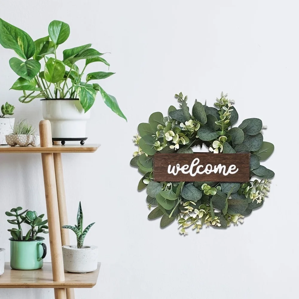 Green Eucalyptus Wreath with Welcome Sign Artificial Eucalyptus Wreath Spring Summer Wreath with White Berries for Front Door - Image 6