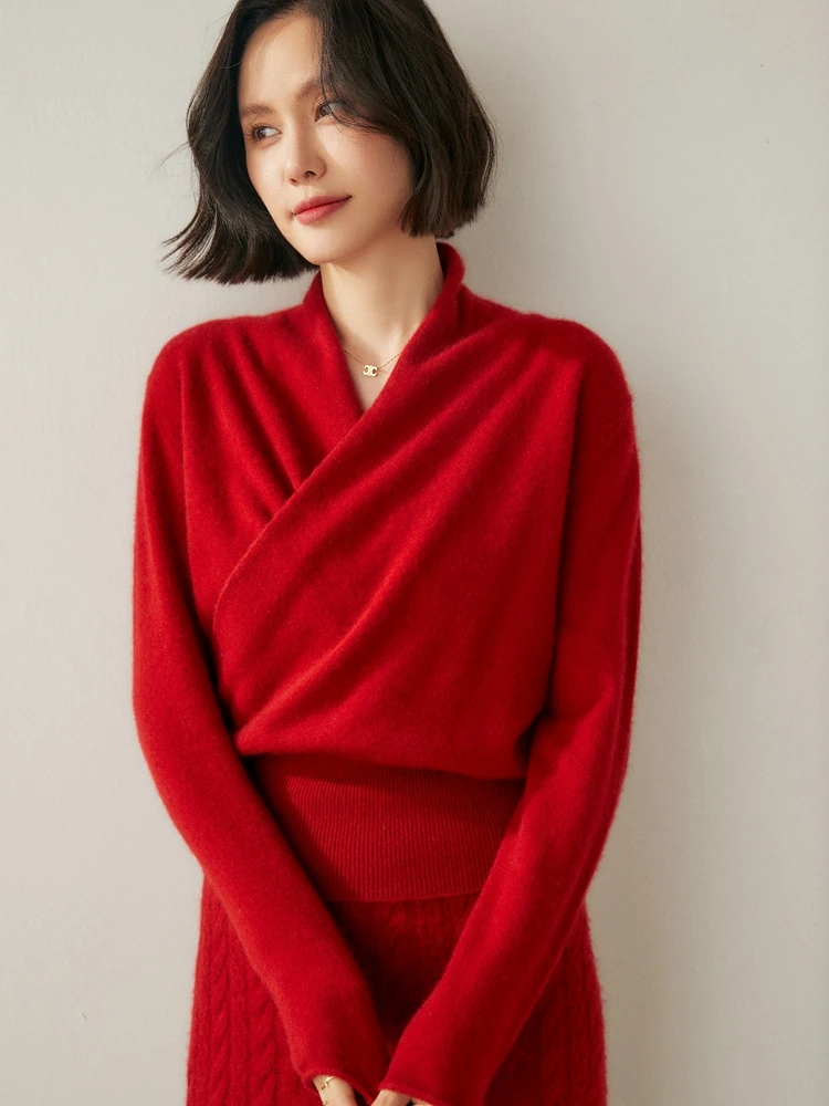 Women's 100% Cashmere Sweater Crossover Collar Pullover Office Lady Basic Grace Cashmere Knitwear Autumn Winter Tops - Image 5