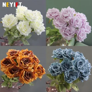 9 Heads 1 Bouquet Artificial Diamond Rose Wedding Table White Pink Rose Bouquet Curled Rose Silk Flower Home Wedding Decoration
