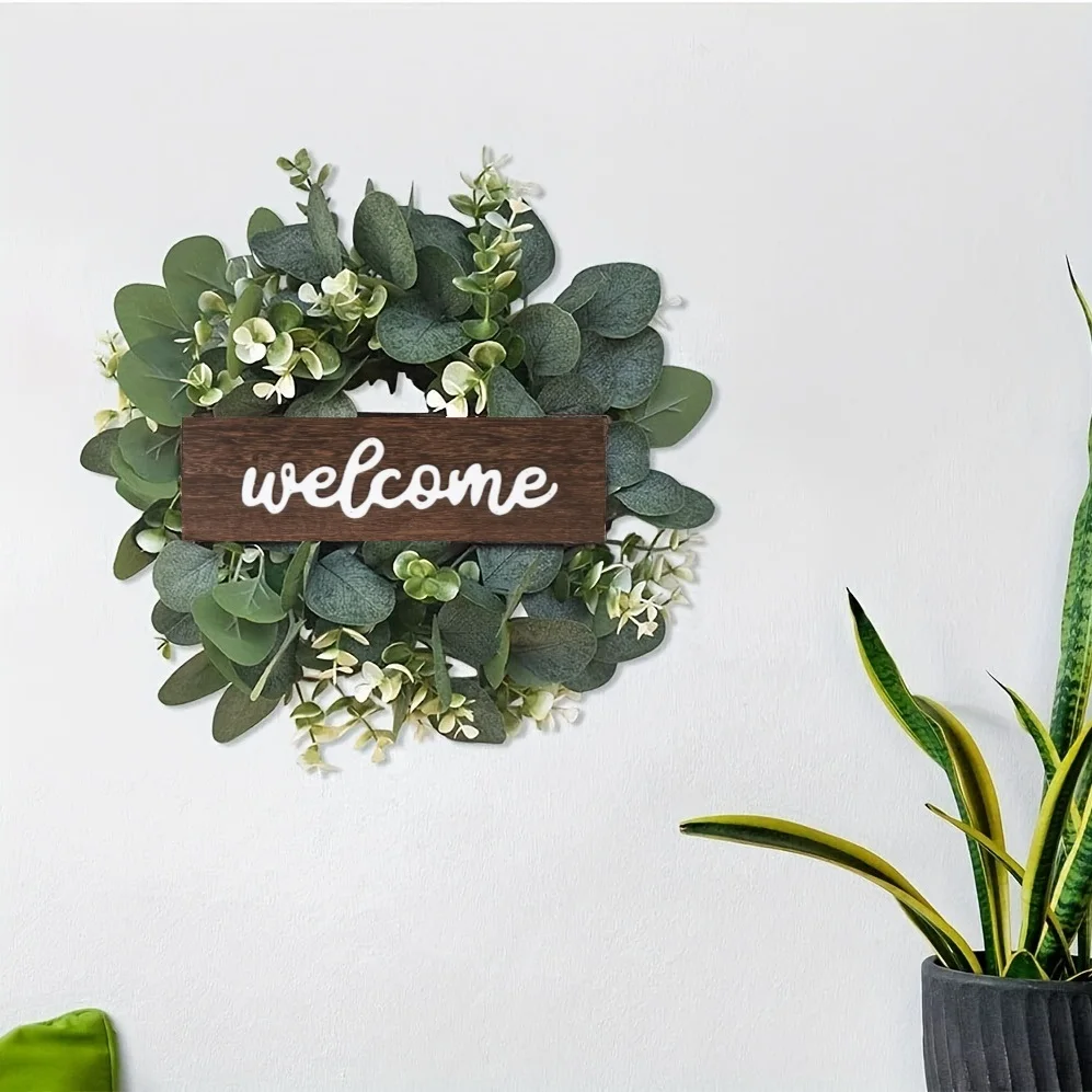 Green Eucalyptus Wreath with Welcome Sign Artificial Eucalyptus Wreath Spring Summer Wreath with White Berries for Front Door - Image 3