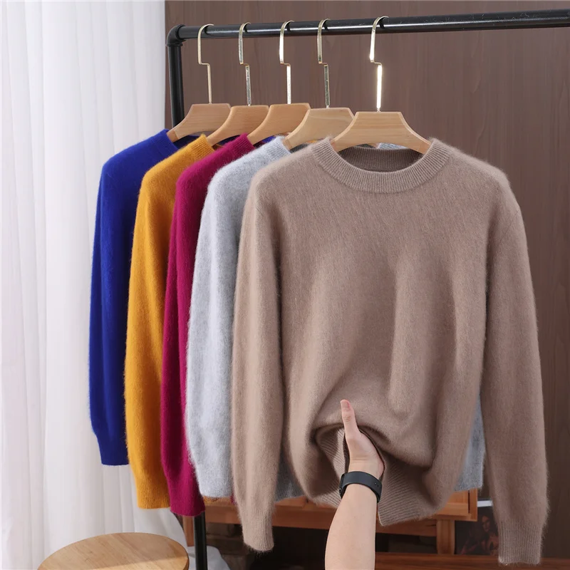 Women's Round-neck Mink Cashmere Sweater Soft Pullover Jumper Comfortable Knitted Top for Autumn Winter Pure Mink Material