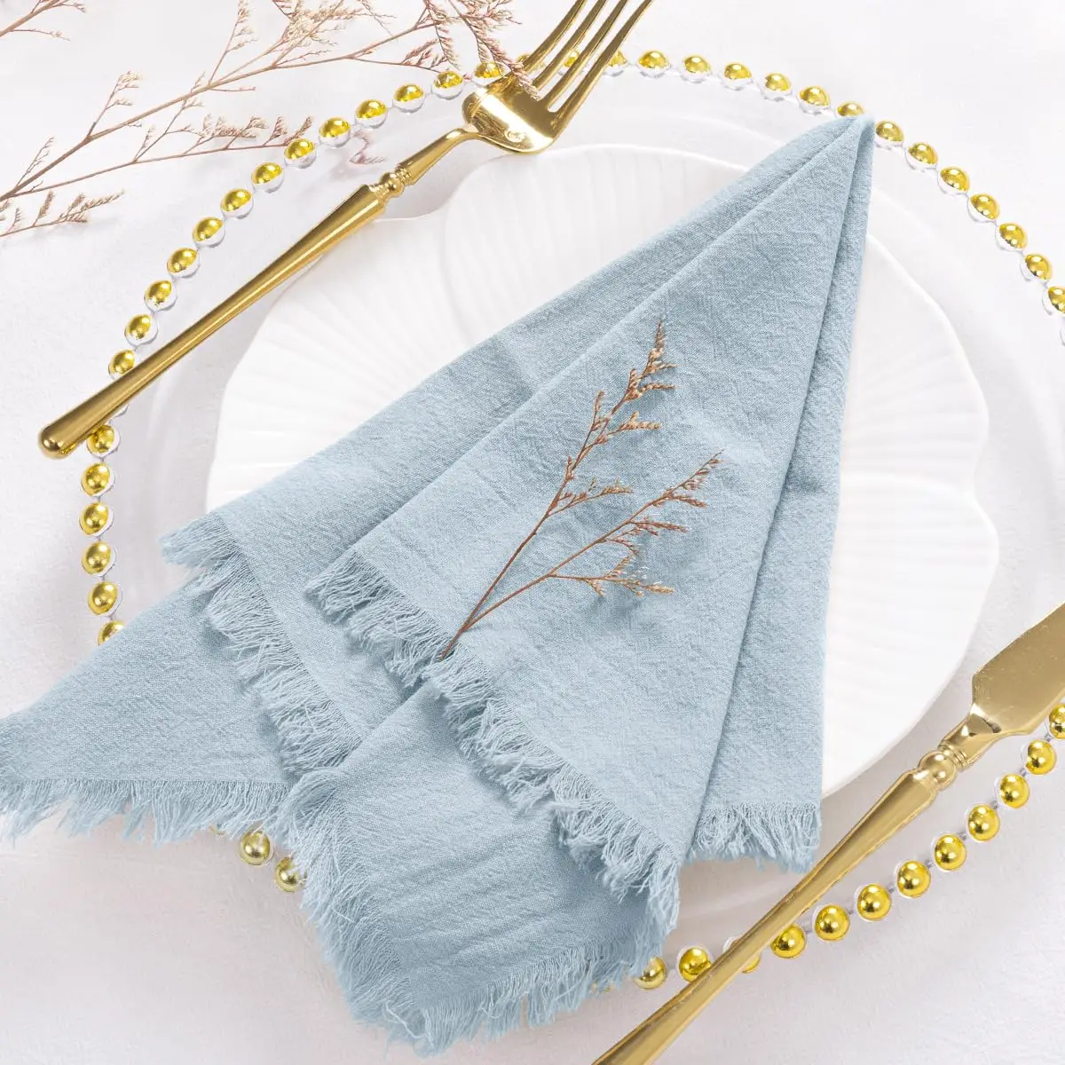 Cotton Linen Napkins with Rustic Boho Fringe, Handmade Cloth, Fall, Christmas, Wedding Decor, 18x18Inch, 6 Packs - Image 4