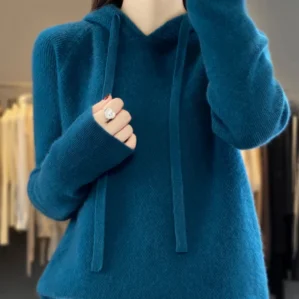 Autumn Winter Women's Cashmere Hooded Pullover Thick Sweater Raglan Sleeve 100% Merino Wool Knitwear Warm Casual Comfortable Top