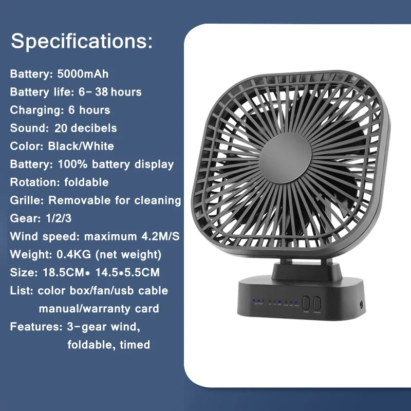 Mini USB Fan Rechargeable Battery Fan with Timer Strong Wind 3 Speed 7 Fan Leaf Desktop Portable Quiet Office Camping Outdoor - Image 7