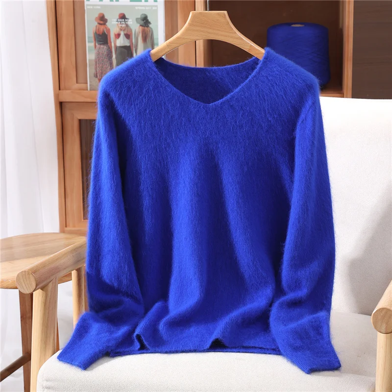 Versatile Autumn Winter Sweater Pullover Women Clothes 100% Mink Cashmere Sweater V-Neck Female Basic Pullover Warm Comfort Knit - Image 3