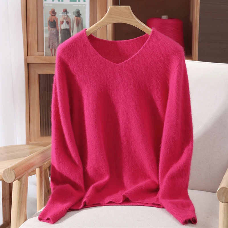 Versatile Autumn Winter Sweater Pullover Women Clothes 100% Mink Cashmere Sweater V-Neck Female Basic Pullover Warm Comfort Knit - Image 16