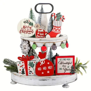 12pcs/set Christmas Tiered Tray Decoration Letters Sign Wooden Ornaments Home Layered Tray Decoration Set Christmas Gifts