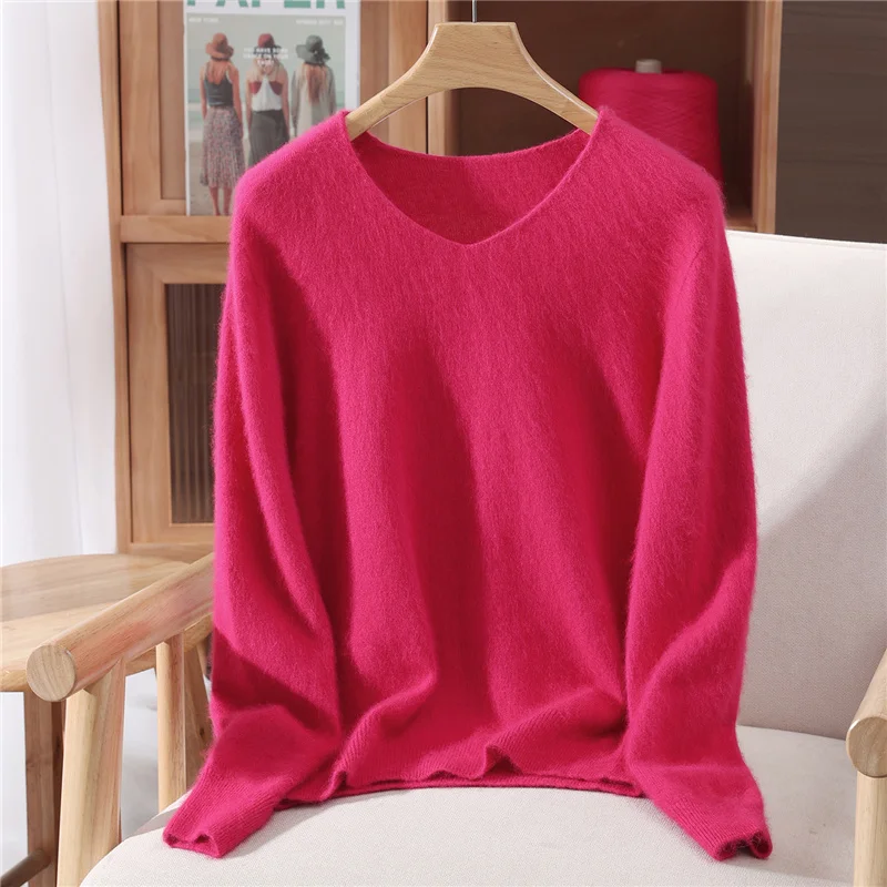 Versatile Autumn Winter Sweater Pullover Women Clothes 100% Mink Cashmere Sweater V-Neck Female Basic Pullover Warm Comfort Knit - Image 4