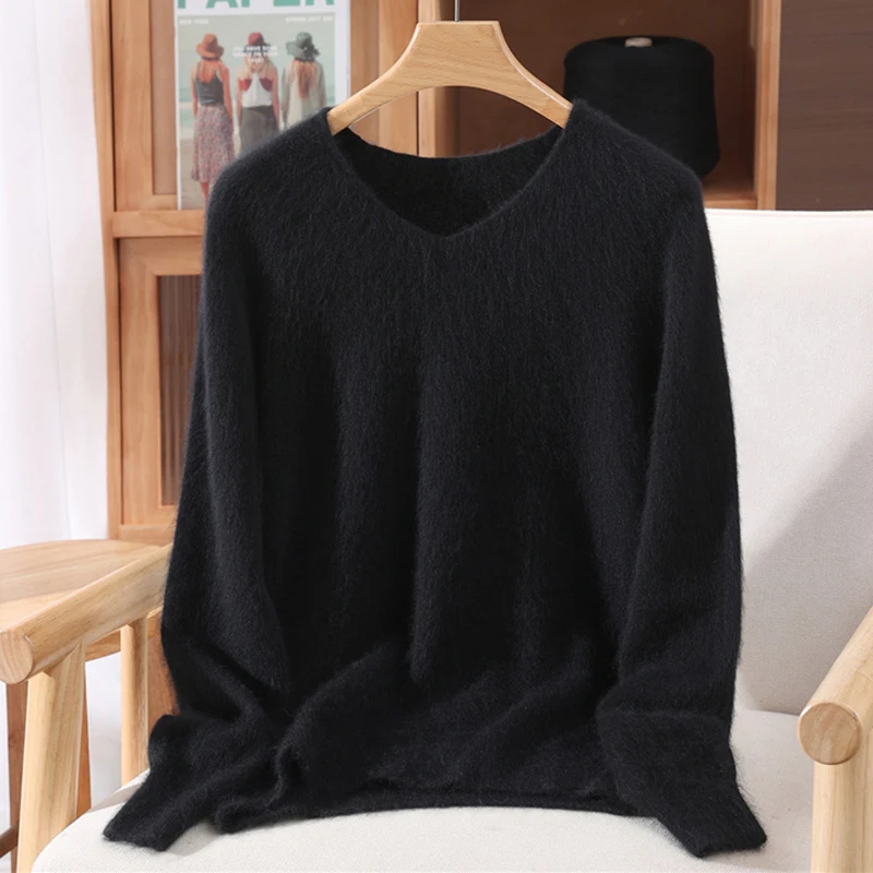 Versatile Autumn Winter Sweater Pullover Women Clothes 100% Mink Cashmere Sweater V-Neck Female Basic Pullover Warm Comfort Knit - Image 13