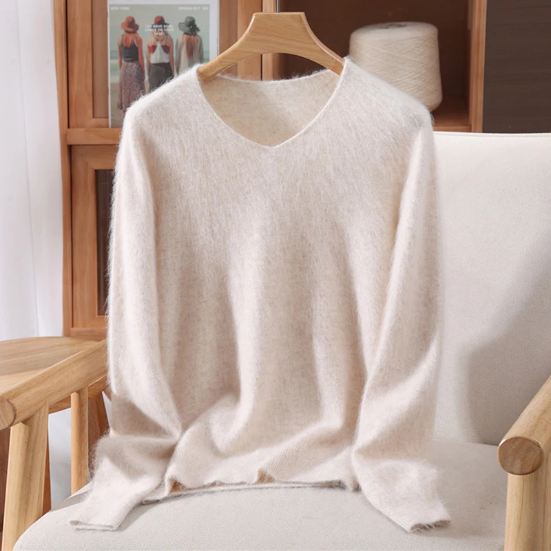 Versatile Autumn Winter Sweater Pullover Women Clothes 100% Mink Cashmere Sweater V-Neck Female Basic Pullover Warm Comfort Knit - Image 15