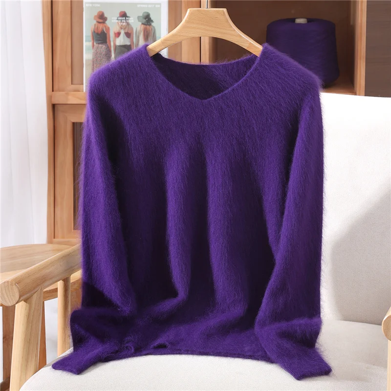 Versatile Autumn Winter Sweater Pullover Women Clothes 100% Mink Cashmere Sweater V-Neck Female Basic Pullover Warm Comfort Knit - Image 2
