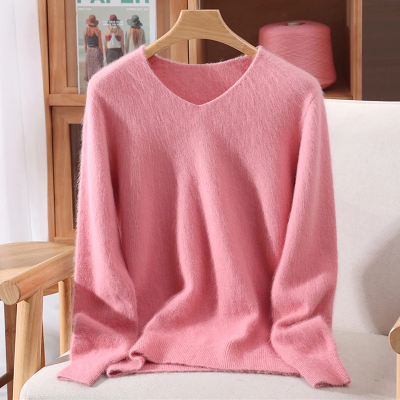 Versatile Autumn Winter Sweater Pullover Women Clothes 100% Mink Cashmere Sweater V-Neck Female Basic Pullover Warm Comfort Knit - Image 19