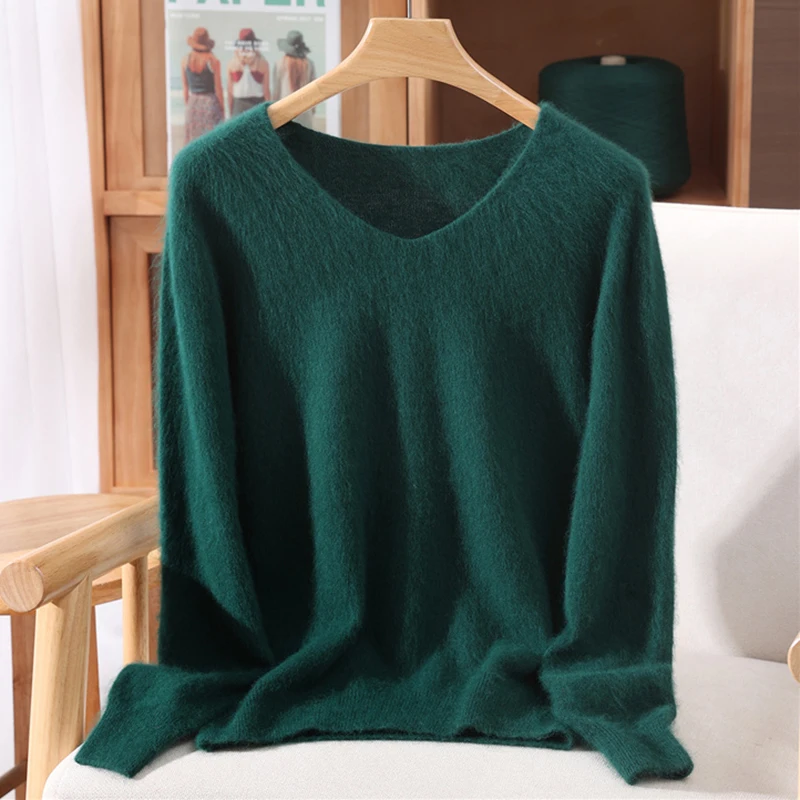 Versatile Autumn Winter Sweater Pullover Women Clothes 100% Mink Cashmere Sweater V-Neck Female Basic Pullover Warm Comfort Knit - Image 14