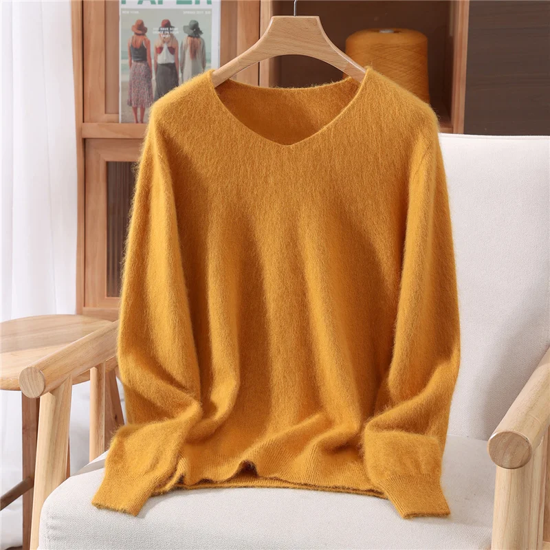 Versatile Autumn Winter Sweater Pullover Women Clothes 100% Mink Cashmere Sweater V-Neck Female Basic Pullover Warm Comfort Knit