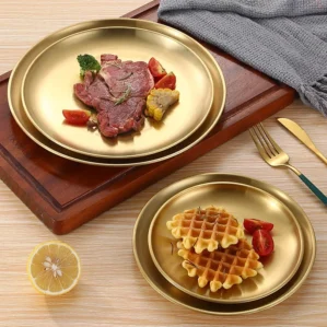 1pc Thickened New Stainless Steel Disc Golden Cafe Tray Dining Disc Fruit Meat Dessert High Quality Round Plate  Shallow Tray