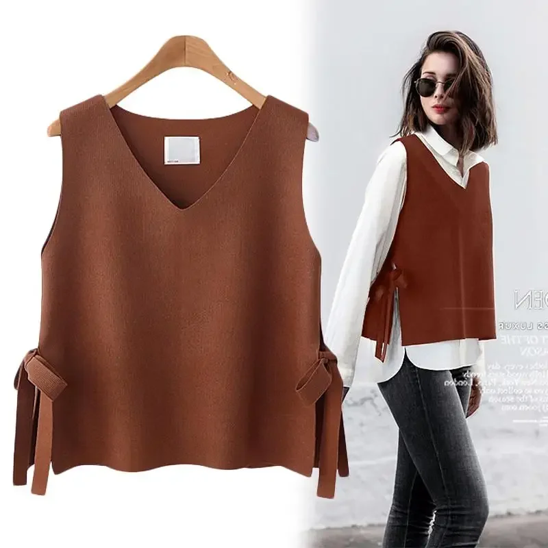 Crop New knit Top women vest sweater short Korean wool Vest Pullover belt wear Cashmere knitwears Waistcoat Woman clothing y2k - Image 3