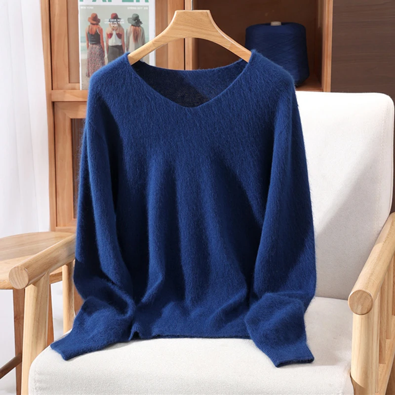 Versatile Autumn Winter Sweater Pullover Women Clothes 100% Mink Cashmere Sweater V-Neck Female Basic Pullover Warm Comfort Knit - Image 7