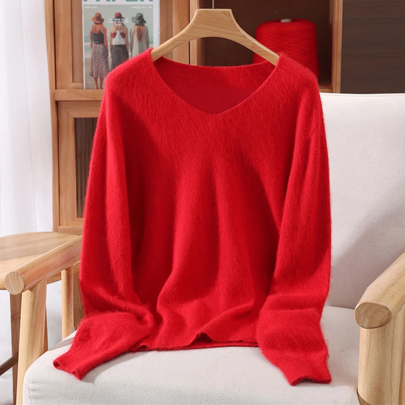 Versatile Autumn Winter Sweater Pullover Women Clothes 100% Mink Cashmere Sweater V-Neck Female Basic Pullover Warm Comfort Knit - Image 9