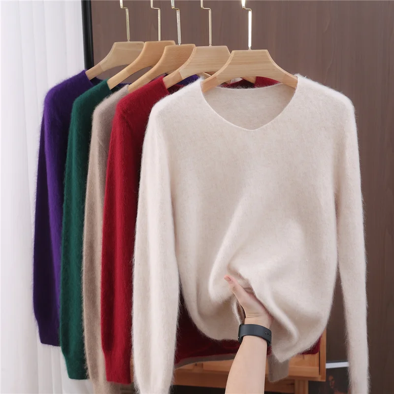 Versatile Autumn Winter Sweater Pullover Women Clothes 100% Mink Cashmere Sweater V-Neck Female Basic Pullover Warm Comfort Knit - Image 5