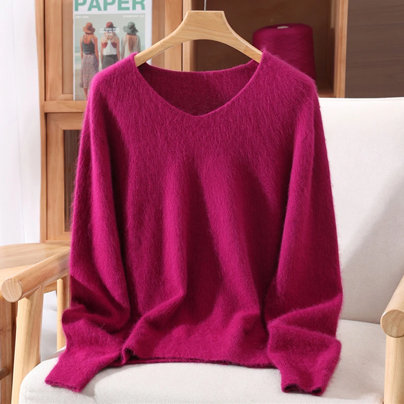 Versatile Autumn Winter Sweater Pullover Women Clothes 100% Mink Cashmere Sweater V-Neck Female Basic Pullover Warm Comfort Knit - Image 11