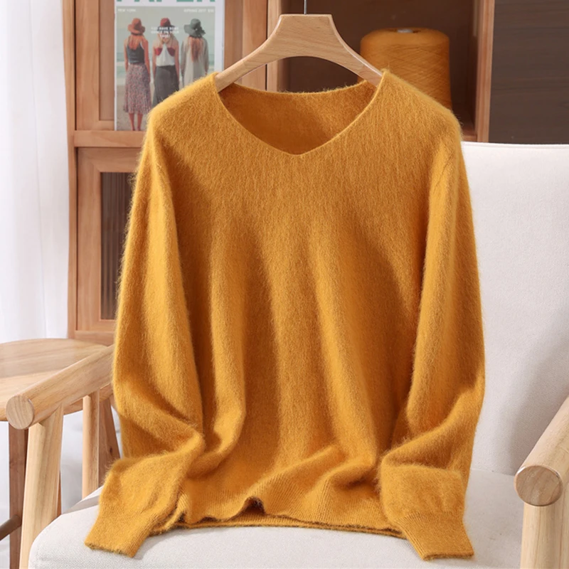 Versatile Autumn Winter Sweater Pullover Women Clothes 100% Mink Cashmere Sweater V-Neck Female Basic Pullover Warm Comfort Knit - Image 12