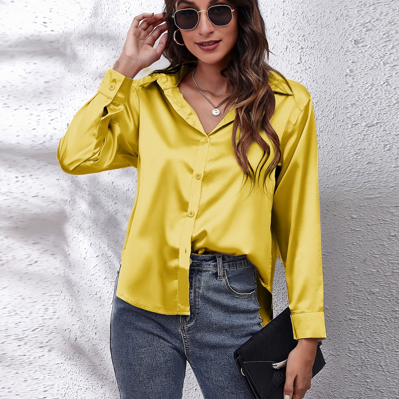 Elegant Satin-Finish Long Sleeve Blouse for Women - Chic Solid Color, Non-Stretch Fabric, Perfect for Spring/Fall, Ideal for Formal Occasions, Ladies Blouses - Image 24