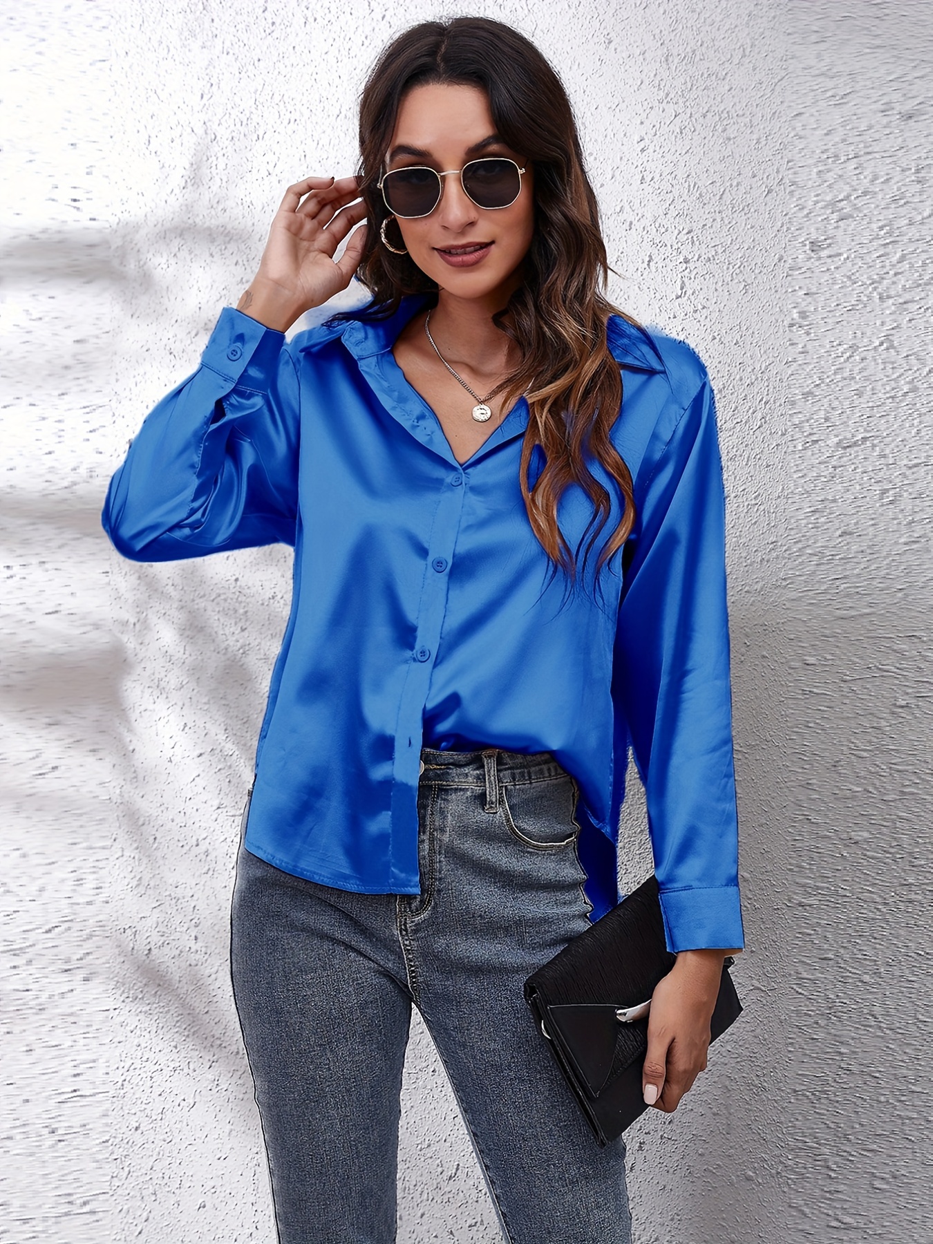 Elegant Satin-Finish Long Sleeve Blouse for Women - Chic Solid Color, Non-Stretch Fabric, Perfect for Spring/Fall, Ideal for Formal Occasions, Ladies Blouses - Image 5