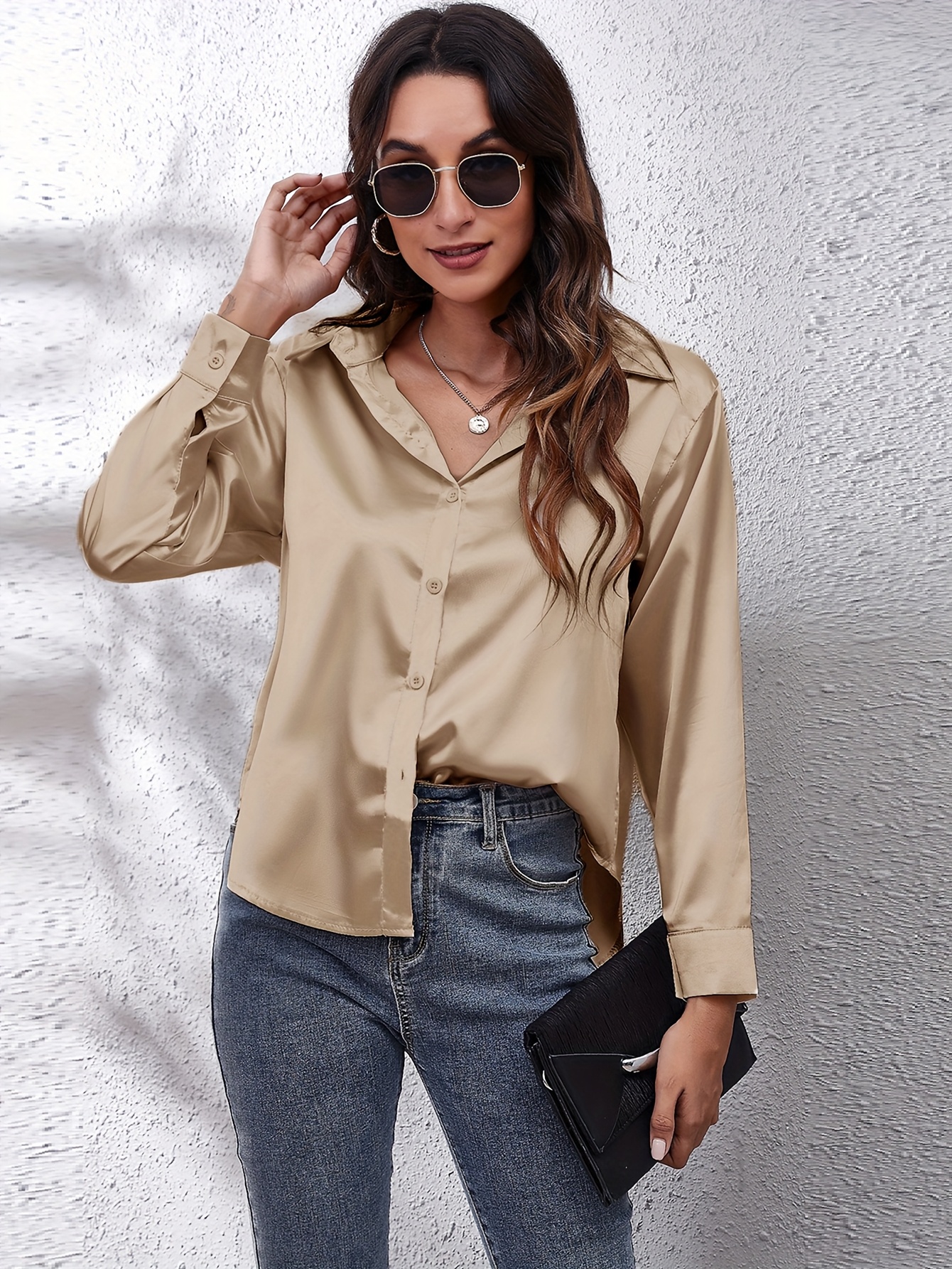 Elegant Satin-Finish Long Sleeve Blouse for Women - Chic Solid Color, Non-Stretch Fabric, Perfect for Spring/Fall, Ideal for Formal Occasions, Ladies Blouses - Image 7