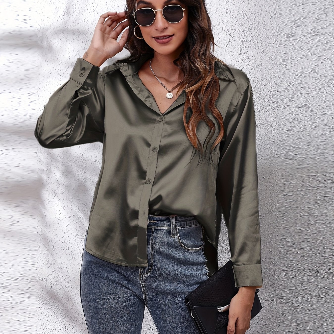 Elegant Satin-Finish Long Sleeve Blouse for Women - Chic Solid Color, Non-Stretch Fabric, Perfect for Spring/Fall, Ideal for Formal Occasions, Ladies Blouses - Image 25