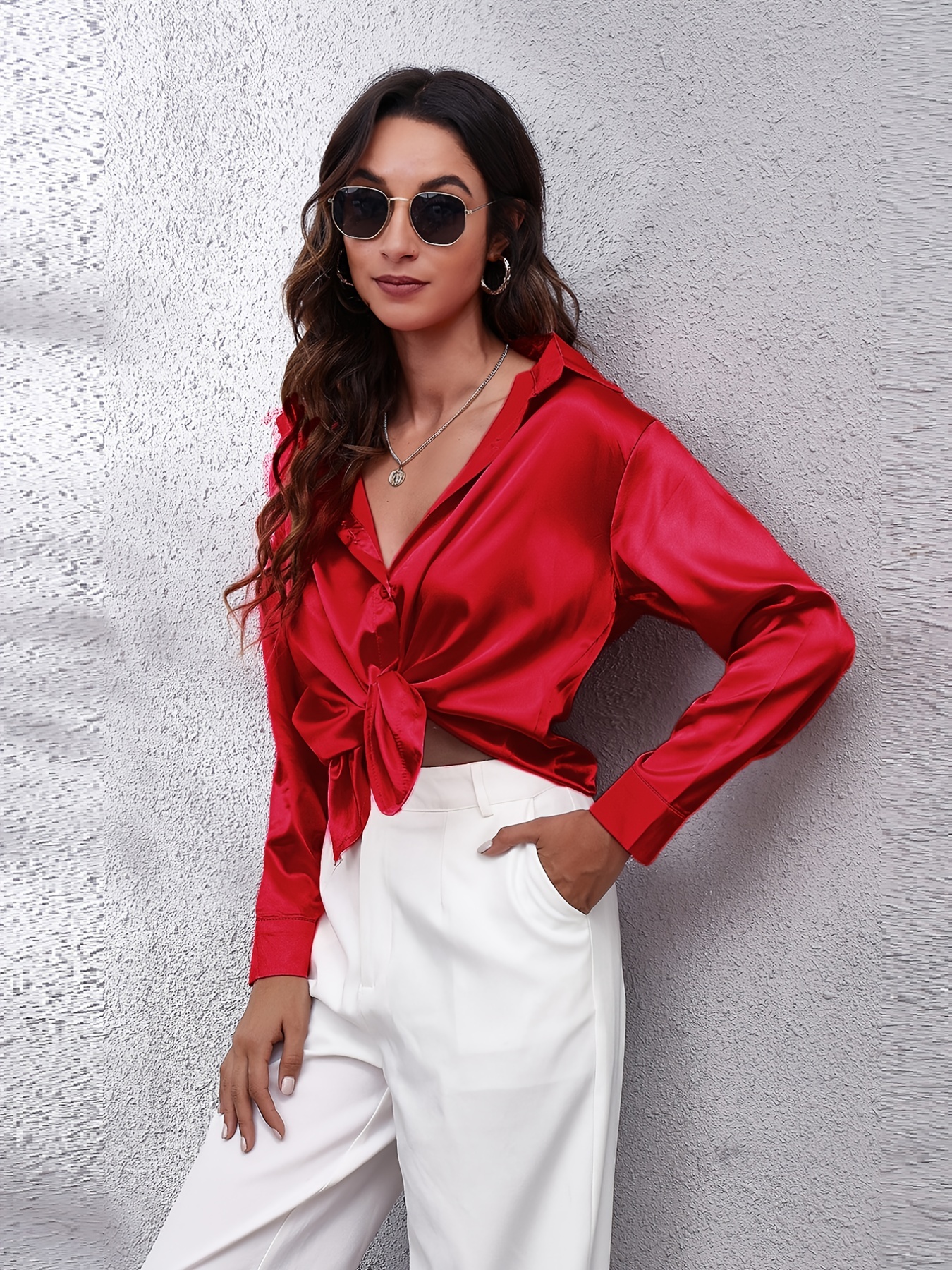 Elegant Satin-Finish Long Sleeve Blouse for Women - Chic Solid Color, Non-Stretch Fabric, Perfect for Spring/Fall, Ideal for Formal Occasions, Ladies Blouses - Image 10