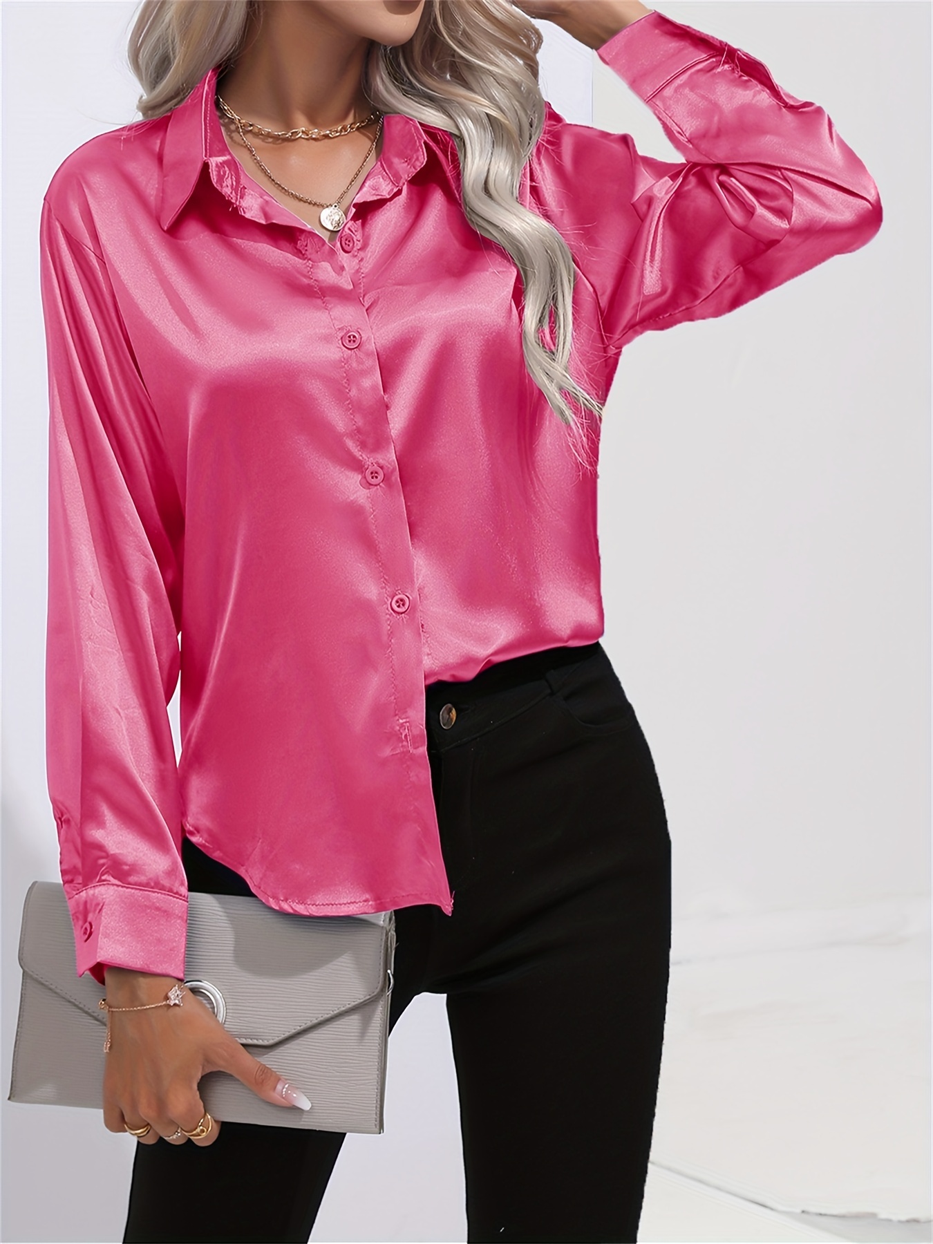 Spring And Summer Satin Imitation Silk Long-sleeved Lapel Solid Color Thong Shirt - Image 3