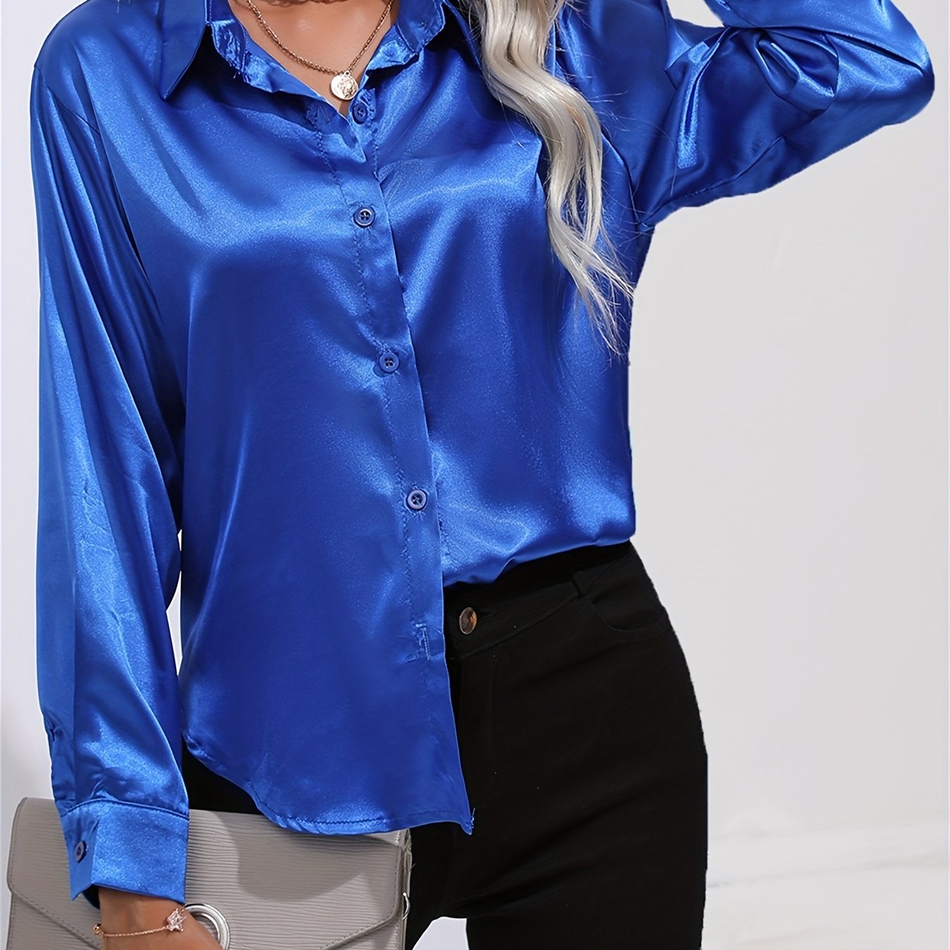 Spring And Summer Satin Imitation Silk Long-sleeved Lapel Solid Color Thong Shirt - Image 20