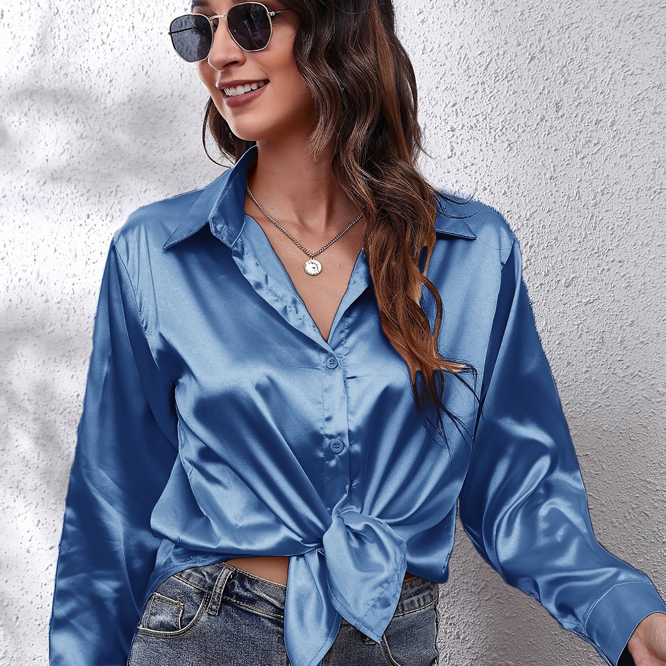Elegant Satin-Finish Long Sleeve Blouse for Women - Chic Solid Color, Non-Stretch Fabric, Perfect for Spring/Fall, Ideal for Formal Occasions, Ladies Blouses - Image 17