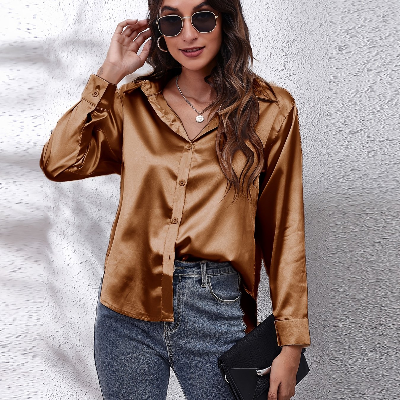 Elegant Satin-Finish Long Sleeve Blouse for Women - Chic Solid Color, Non-Stretch Fabric, Perfect for Spring/Fall, Ideal for Formal Occasions, Ladies Blouses - Image 20