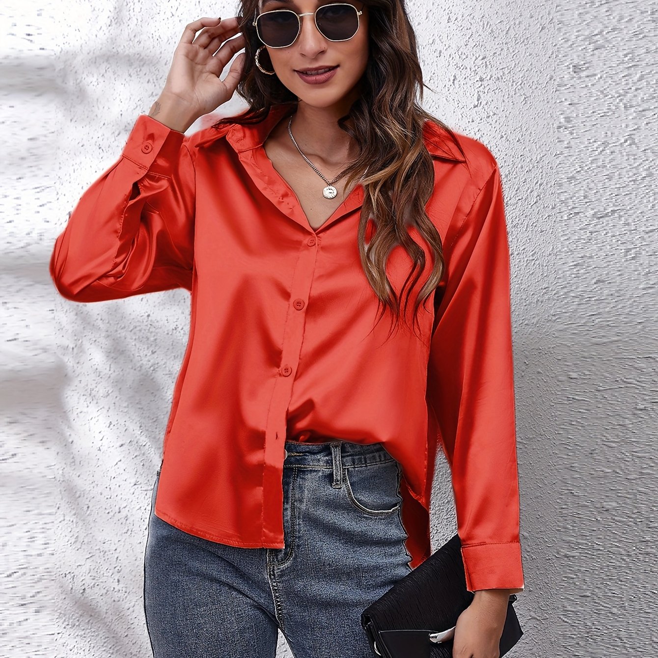 Elegant Satin-Finish Long Sleeve Blouse for Women - Chic Solid Color, Non-Stretch Fabric, Perfect for Spring/Fall, Ideal for Formal Occasions, Ladies Blouses - Image 32