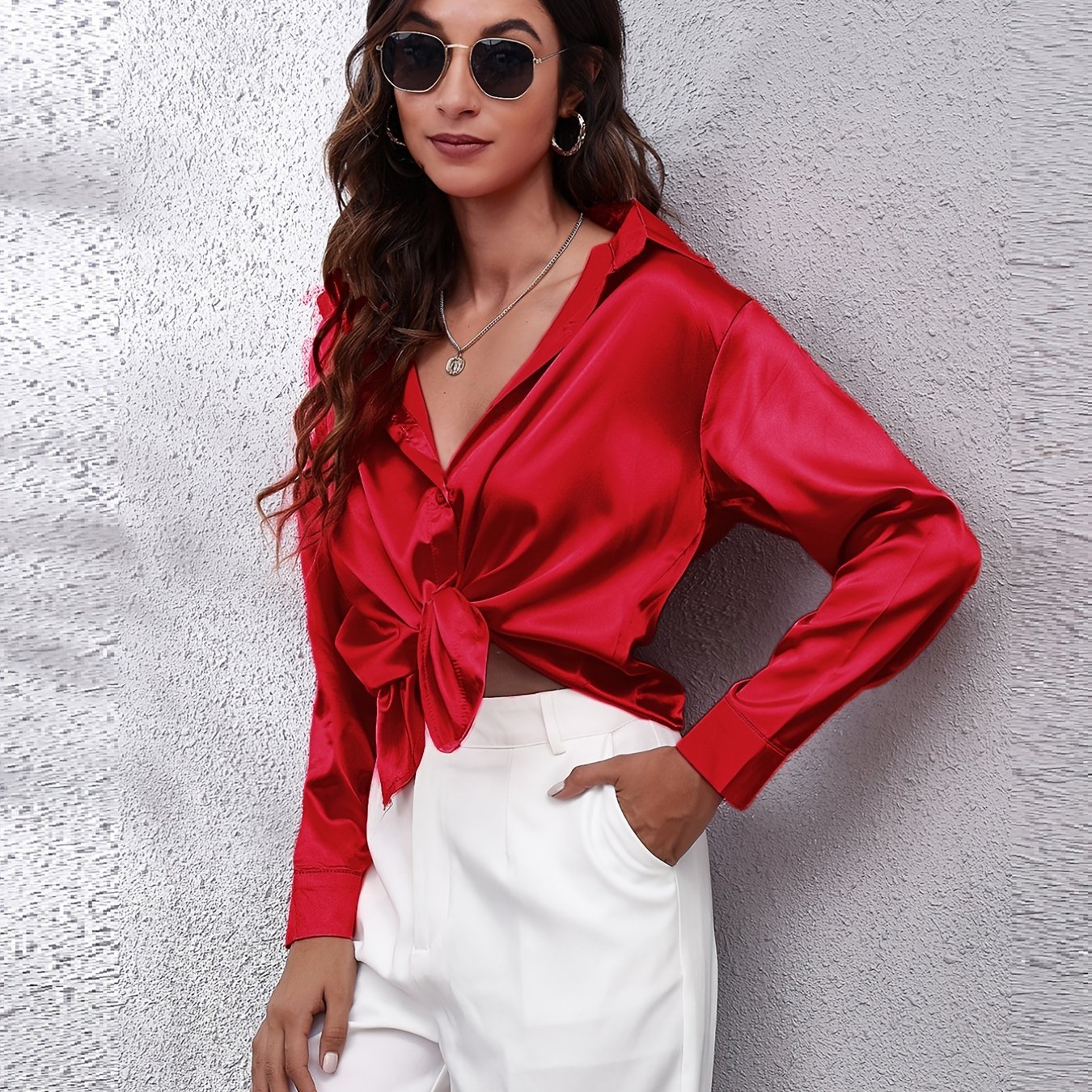 Elegant Satin-Finish Long Sleeve Blouse for Women - Chic Solid Color, Non-Stretch Fabric, Perfect for Spring/Fall, Ideal for Formal Occasions, Ladies Blouses - Image 15