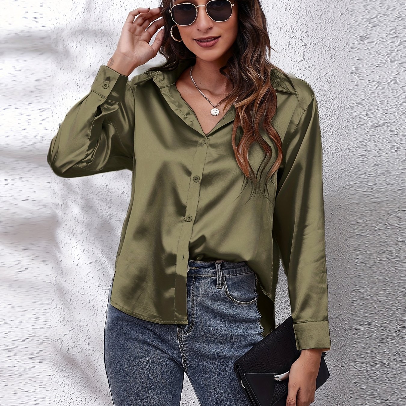 Elegant Satin-Finish Long Sleeve Blouse for Women - Chic Solid Color, Non-Stretch Fabric, Perfect for Spring/Fall, Ideal for Formal Occasions, Ladies Blouses - Image 27