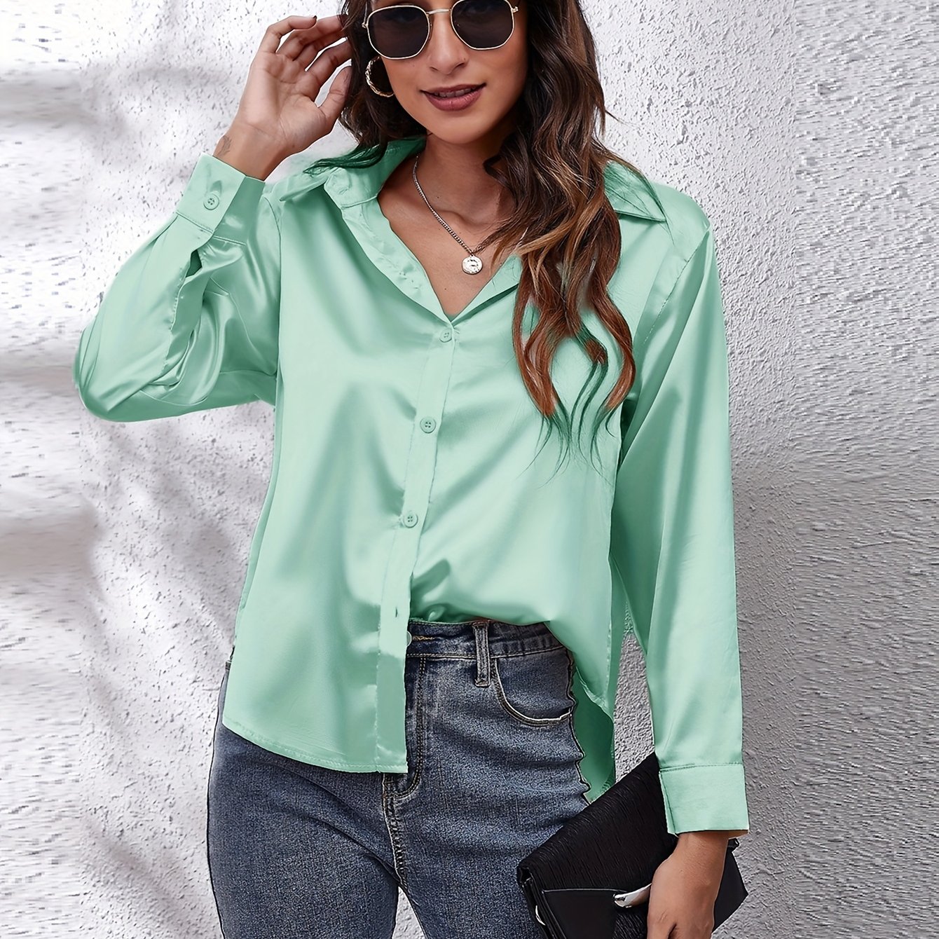 Elegant Satin-Finish Long Sleeve Blouse for Women - Chic Solid Color, Non-Stretch Fabric, Perfect for Spring/Fall, Ideal for Formal Occasions, Ladies Blouses - Image 34