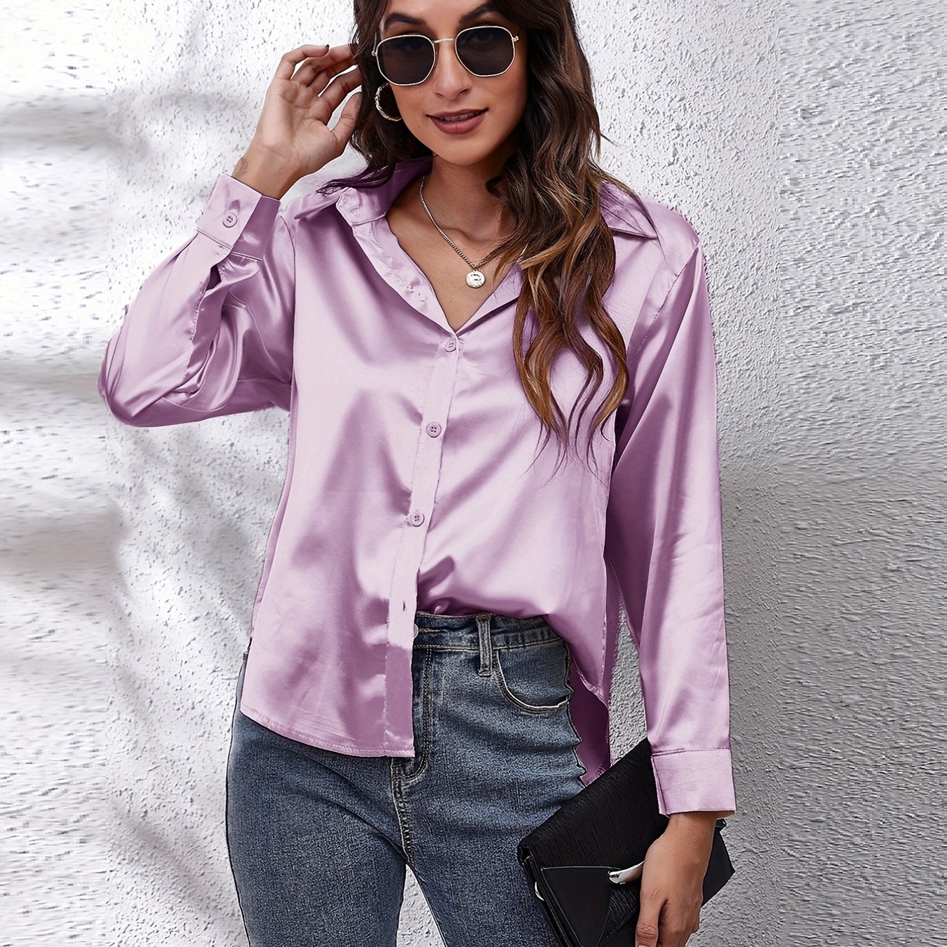 Elegant Satin-Finish Long Sleeve Blouse for Women - Chic Solid Color, Non-Stretch Fabric, Perfect for Spring/Fall, Ideal for Formal Occasions, Ladies Blouses - Image 26