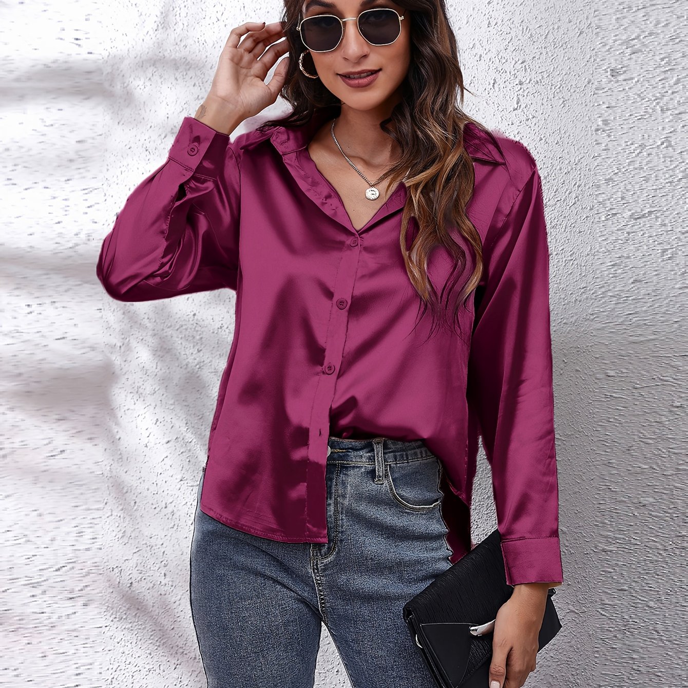 Elegant Satin-Finish Long Sleeve Blouse for Women - Chic Solid Color, Non-Stretch Fabric, Perfect for Spring/Fall, Ideal for Formal Occasions, Ladies Blouses - Image 23